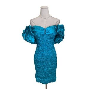 Vintage 80s Zum Zum Sequin Rhinestone Party Cocktail Dress Puff Sleeve Small